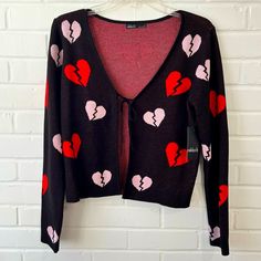 Nwt Great Condition Open To Reasonable Offers Cute Black Cardigan For Fall, Fitted Heart Print Sweater For Fall, Cute Black Long Sleeve Cardigan, Black Long Sleeve Cute Cardigan, Black Long Sleeve Tops For Valentine's Day, Valentine's Day Black Long Sleeve Tops, Trendy Heart Print Cardigan For Fall, Casual Heart Print Cardigan For Spring, Zip Front Sweater