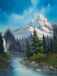 a painting of a mountain with trees in the foreground and a river running through it