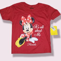 "It's All About Me" Playful Red Character Print T-shirt, Playful Red Cartoon Print T-shirt, Playful Red T-shirt With Cartoon Print, Playful Red T-shirt With Character Print, Playful Red Mickey Mouse Top, Fun Red Minnie Mouse T-shirt, Fun Red Minnie Mouse Top, Red Minnie Mouse Short Sleeve Top, Red Disney Short Sleeve Tops