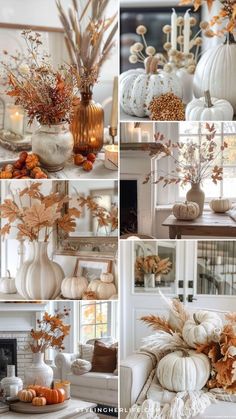 various pictures of pumpkins and flowers in white vases on a fireplace mantel