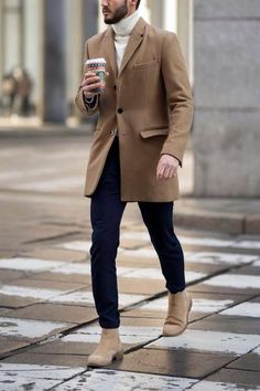 Stay Stylish This Winter: 20+ Top Winter Outfits for Men 16 Men’s Brown Coat Outfit, Tan Peacoat Outfit Men, Tan Overcoat Outfit Men, Men’s Overcoat Outfit, Men Coat Outfit Casual, Overcoat Men Outfit Street Styles, Older Mens Winter Fashion, Mens Winter Outfits Classy, Mens Overcoat Outfit