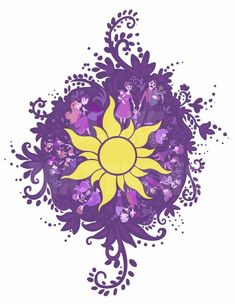 a purple and yellow flower on a black background with swirly designs in the center