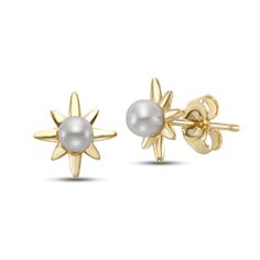 These darling freshwater cultured pearl starbust earrings feature two of these pearls in a radiant 14K yellow gold setting. | Freshwater Cultured Pearl Starburst Stud Earrings | 14K Yellow Gold | Helzberg Diamonds Elegant Starburst Earrings For Anniversary, Elegant Star-shaped Pearl Drop Earrings, Elegant White Starburst Jewelry, Elegant Star-shaped Pearl Earrings, Elegant Starburst 14k Gold Jewelry, Elegant 14k Gold Starburst Jewelry, Elegant Gold Starburst Jewelry, Elegant Starburst Jewelry For Anniversary, Helzberg Diamonds