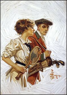 a painting of two people holding tennis racquets on a white background,