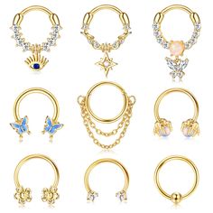 six pairs of gold plated nose rings with different designs and colors, including an ope