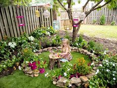 Outdoor Fairy Play Area, Garden For Kids Ideas, Diy Fairy Garden For Kids, Fairy Garden Corner Ideas, Crazy Garden Ideas, Grass Area Backyard, Slanted Yard Ideas, Under Tree Play Area, Fairy Garden Outside