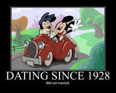 mickey and minnie driving in a red car