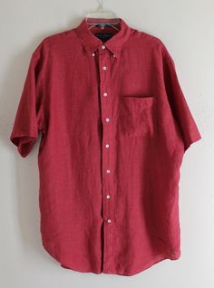 A fine men's shirt from Daniel Cremieux, size medium (may work for a LARGE too as these shirts seem to run big). This shirt is beautiful dusty rose-red...likely garment washed, intended to be casual and beach/seaside ready. Classic collar, one front pocket, short sleeves. Medium-light weight linen, beautiful color and material.  100% Linen, Made in Hong Kong, Designed in France  Fine Italian fabric 49 inch chest, 34 inch length (top of shirt to bottom hem), 48 inches around bottom hem, 19.5 inch Red Linen Shirt With Relaxed Fit, Red Linen Shirt Relaxed Fit, Red Linen Relaxed Fit Shirt, Red Relaxed Fit Linen Shirt, Classic Red Tops With Pockets, Red Relaxed Fit Linen Top, Red Linen Relaxed Fit Top, Red Linen Tops With Relaxed Fit, Red Linen Top With Relaxed Fit