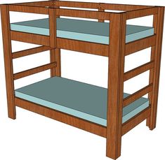 a wooden bunk bed with blue mattresses