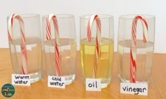 four glasses with candy canes in them sitting next to each other on a table