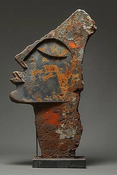 an old rusted metal head on a black stand against a gray background with orange spots