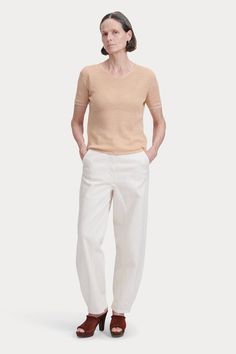 Pre-Fall 2024 Collection Relaxed Fit V-neck Pointelle Knit Top, White Ribbed Cashmere Tops, Spring Crew Neck Cashmere Tops, Spring Cashmere Crew Neck Top, Classic Pointelle Knit Tops For Work, Spring Cashmere Sweater With Pointelle Knit, White Cashmere Tops For Spring, White Cashmere Top For Spring, Beige Cashmere Tops For Spring