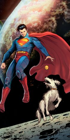 a man in a superman suit flying over the moon next to a white dog with his mouth open