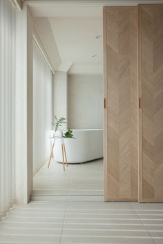 an open door leading to a bathroom with a tub and potted plant in it