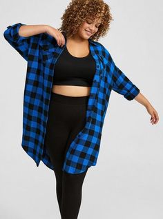 FIT Model is 5'10. 5” wearing size 1. . Measures 46” from shoulder (size 2). Oversized silhouette. . MATERIALS + CARE Flannel gauze woven fabric. . 75% rayon, 23% polyester, 2% spandex. Machine wash cold. Tumble dry low. . Imported. DETAILS Collared neckline. Long sleeves. The best plus size women's Flannel Gauze Oversized Shacket Outerwear in traditional buffalo plaid skydiver made of flannel. Torrid is your destination for cozy fall and winter clothes to keep you warm and comfortable. Winter Clothes Plus Size, Oversized Shacket, Flannel Women, Oversized Silhouette, Winter Clothes, Cozy Fall, New Wardrobe, Casual Jacket, Buffalo Plaid