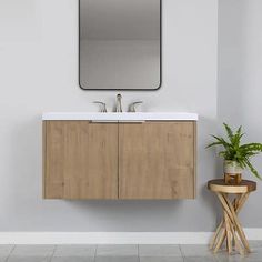 a bathroom vanity with a mirror above it and a plant in the corner next to it