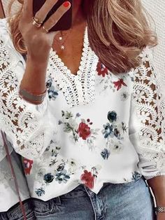 Affordable price buy Blouse on JustFashionNow, SPU: 21YBL75CF55, Color: White, Style:Casual, Material:Polyester fibre. Colored Jeans Outfits, Holiday Blouse, Holiday Blouses, Eyelet Blouse, Jeans Outfits, Pattern Shirt, Blouse Casual, Fitted Blouses, Long Sleeve Tops Casual