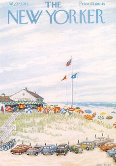 the new yorker magazine cover with cars parked on the beach and an american flag flying