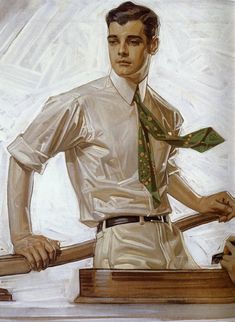 a painting of a man in white shirt and green tie holding a baseball bat over his shoulder