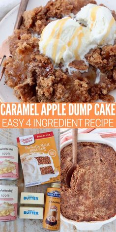 baked caramel apple dump cake in a baking dish, and on plate with ice cream, and ingredients for the dump cake on a white wood board Caramel Apple Cobbler Dump Cake, Apple Dump Cake With Pie Filling, Harvest Treats, Quick Fall Desserts, Spice Cake Mix Recipes, Harvest Menu, Apple Dump Cake Recipe, Apple Dump Cake, Caramel Apple Dump Cake