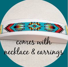 a white hat with blue and red beading on it, next to the words comes with necklace & earrings