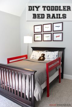 a bedroom with a bed, dresser and pictures on the wall above it that says diy toddler beds