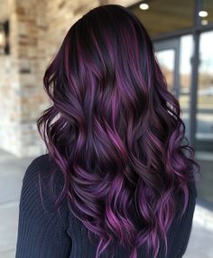 Deep Plum Curls Plum Hair Highlights On Black Hair, Fall Purple Hair Color, Black And Purple Hair Dye Ideas, Fall Hair With Purple, Dark Hair Purple Undertone, Fall Hair Colors For Black Hair, Fall Purple Hair, Plum Hair With Highlights