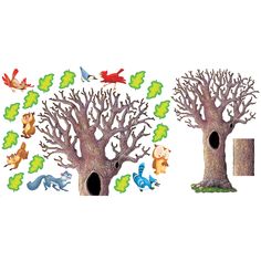 three trees with leaves and birds on them