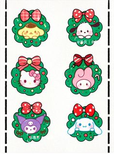 the four christmas wreaths are decorated with bows and cartoon animals in different designs on them