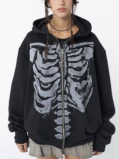 Skeleton Print Zip Up Loose Oversized Hoodie Black Oversized Hoodie, Oversized Zip Up Hoodie, Skeleton Hoodie, Skeleton Print, Fashion Aesthetics, Hoodie Outfit, Black Zip Ups, Pop Punk, Goth Outfits