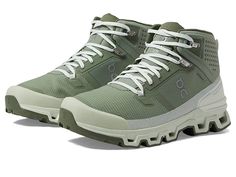 On Cloudrock Waterproof 2 - Men's Boots : Reseda/Aloe : Keep your steps going on rugged trails wearing On Cloudrock Waterproof 2 hiking shoes. Hiking, waterproof, travel. Textile and synthetic upper. Textile lining. Helion superfoam responsive cushioning insole. Missiongrip traction patterns and zig-zag channels. CloudTec speedboard promotes the natural rolling motion of the foot. Round toe. Speed-lacing system offers a quick and comfortable glove-like fit. Padded collar. Rear pull-tab. CloudTec outsole technology delivers soft landings. Imported. Please note that ONLY the On Cloud 50/50, Cloud 70/30, Cloud Terry, and Cloud running shoes feature an extra pair of conventional laces, along with the On Cloud easy-entry speedlaces. Measurements: Weight: 1 lb 1 oz Product measurements were take High-top Hiking Boots With Reinforced Toe For Trail, High-top Gore-tex Hiking Boots For Trail Running, Waterproof Lace-up Trail Running Shoes For Hiking, Green Weatherproof Waterproof Boots For Hiking, High-top Trail Running Shoes With Reinforced Toe For Hiking, Green Weatherproof Boots For Hiking, Functional High-top Green Hiking Boots, Waterproof High-top Trail Running Shoes For Hiking, Waterproof High-top Green Hiking Boots