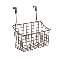 a metal basket with two hooks on it