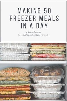 freezer meals in a refrigerator with text overlay reading making 50 freezer meals in a day