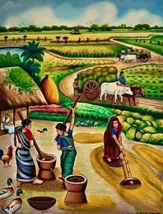 an oil painting of people working in the fields