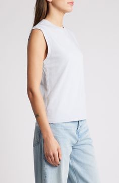 Give your layering technique a little muscle with this sleeveless T-shirt in smooth, soft Supima cotton. 23" length (size Medium) Crewneck Sleeveless 100% cotton Machine wash, tumble dry Imported Casual Sleeveless T-shirt For Layering, Blue Casual Muscle Tee For Spring, Blue Crew Neck Muscle Tee For Spring, White Muscle Tee For Spring Layering, Fitted Sleeveless T-shirt, Basic Stretch Cotton Muscle Tee, Blue Relaxed Fit Tank Top For Everyday, Blue Cotton Muscle Tee For Spring, Spring Blue Cotton Muscle Tee