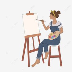 a woman is sitting on a stool and painting with an easel, drawing, cartoon png and psd