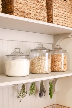 Converted hall closet into a kitchen pantry. Vintage pantry design plan and how to convert your closet into a pantry. Closet pantry ideas with a butler’s pantry design. Includes pantry shelves ideas & pantry organization. Small pantry design ideas. Step-by-step instructions. Small pantry organic with a countertop, bracket corbels, copper herb drying rod, BEHR DYNASTY® Interior Paint color Blank Canvas and Gratifying Gray. Best closet pantry makeover. Popular closet pantry remodel.