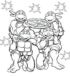 the teenage turtles are eating pizza together coloring pages for adults and children to print out