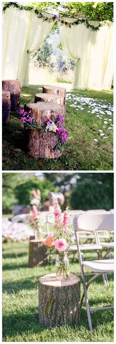 an outdoor ceremony with chairs and flowers in vases on the ground, next to a tree stump