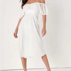 A White Satin Midi Lulu’s Dress In Size Xl! Bnwt Only Tried It On And Was Too Small! White Off-shoulder Sundress Maxi Dress, Flowy Off-shoulder Midi Dress For Date Night, White Flowy Off-shoulder Midi Dress, White Empire Waist Dress For Daywear, White Feminine Empire Waist Midi Dress, White Feminine Midi Dress For Daytime, Feminine White Midi Dress For Daytime, White Knee-length Midi Dress For Daytime, White Mid-length Vacation Dress