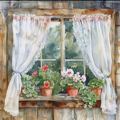 a painting of flowers in pots on a window sill next to a lace curtain