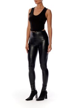 Faux leather Ankle Length High waisted Fabric: 50% PU, 47% Polyester, 3% SpandexCare: Hand wash in cold. Do not bleach. Line dry. Iron low heat. Sleek High Stretch Black Leather Pants, Black Stretch Leather Bottoms, Stretch Black Leather Bottoms, Sleek Solid Color Leather Pants, Sleek Black Stretch Leather Pants, Sleek High Stretch Leather Pants, Sleek Stretch Black Leather Pants, Sleek Tight Full-length Leather Pants, Sleek Stretch High-rise Leather Pants