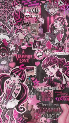 a collage of pink and black stickers on a white background with the words monster high