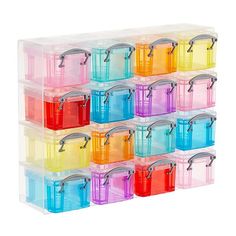 multicolored plastic storage bins with handles and latches on each one side