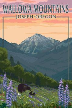 a bear is standing in the grass near flowers and mountains with an orange sky behind it