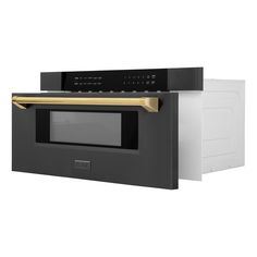 a black and white oven with gold trim on the front, built - in microwave