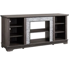 the entertainment center is made out of wood and stone