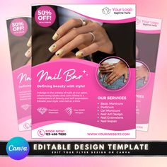 "Save, MONEY💸, TIME⌛, and EFFORT💪 with this Nail Art Salon Flyer template! EDIT YOUR FLYER on CANVA on your PC or mobile device. Canva is a FREE web-based design platform that is super simple, easy to use, and FUN! ❤️INSTANT ACCESS to your Flyer after purchase, so no time is wasted! --------- ✨HOW IT WORKS✨ --------- 1. You will receive an email from Etsy with a link to your download. Alternatively, you can download from \"Purchases & Reviews\" 2. Download PDF and follow the link to your template on CANVA 3. Personalize/edit your design (very easy) 4. Download your files to your computer ---------- ✨FEATURES✨ ---------- ✔️Edit and delete text ✔️Arrange text or leave it as is ✔️Add or move around images ✔️Upload your own images/background ✔️Add textboxes and symbols ------ ✨WHAT YOU RECEI Artist Flyer, Nail Art Courses, Nail Art Salon, Zero The Hero, Acrylic Press On Nails, Nail Services, Business Person, Mobile Device, Super Simple