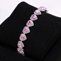 Material: 18K White Gold plating over brass base Stones: CZ Chain width: 10mm(W) Pink Jewelry Aesthetic, Human Hijinks, Pink Heart Bracelet, Girly Bracelets, Bracelet White Gold, Pink Heart Necklace, Imvu Outfits Ideas Cute, Pink Accessories, Estilo Punk