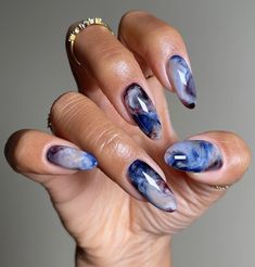 Blue Nails Blooming Gel, Blue Watercolor Nails, Brown And Blue Nails, Blue Cat Eye Nails, Cloud Sand, Purple Marble Nails, Gel Ideas, Nails 2025, Water Marble Nails